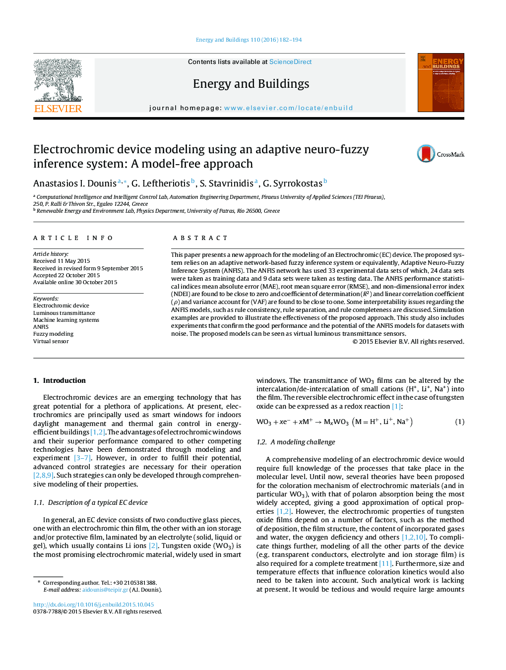 Electrochromic device modeling using an adaptive neuro-fuzzy inference system: A model-free approach