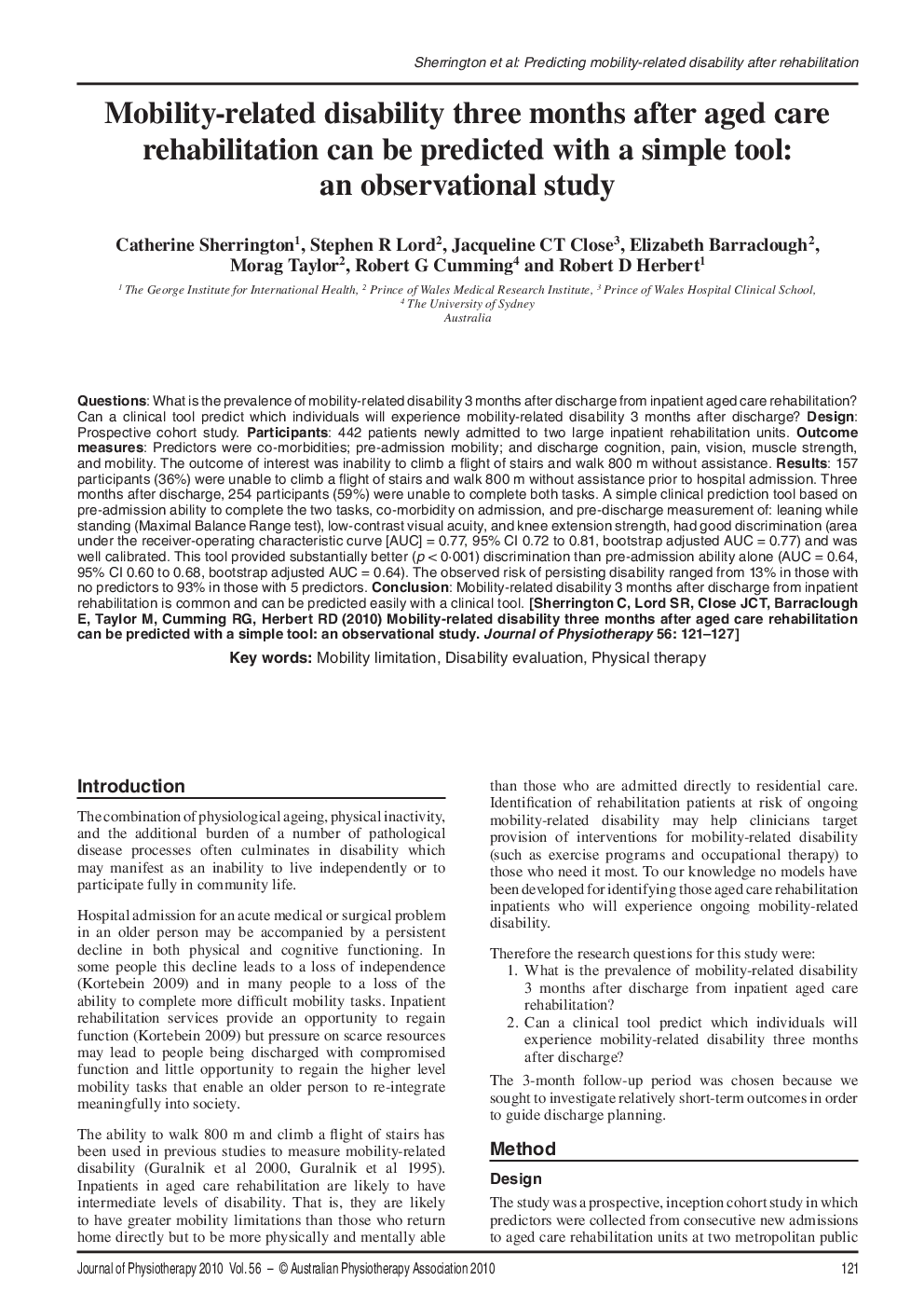 Mobility-related disability three months after aged care rehabilitation can be predicted with a simple tool: an observational study