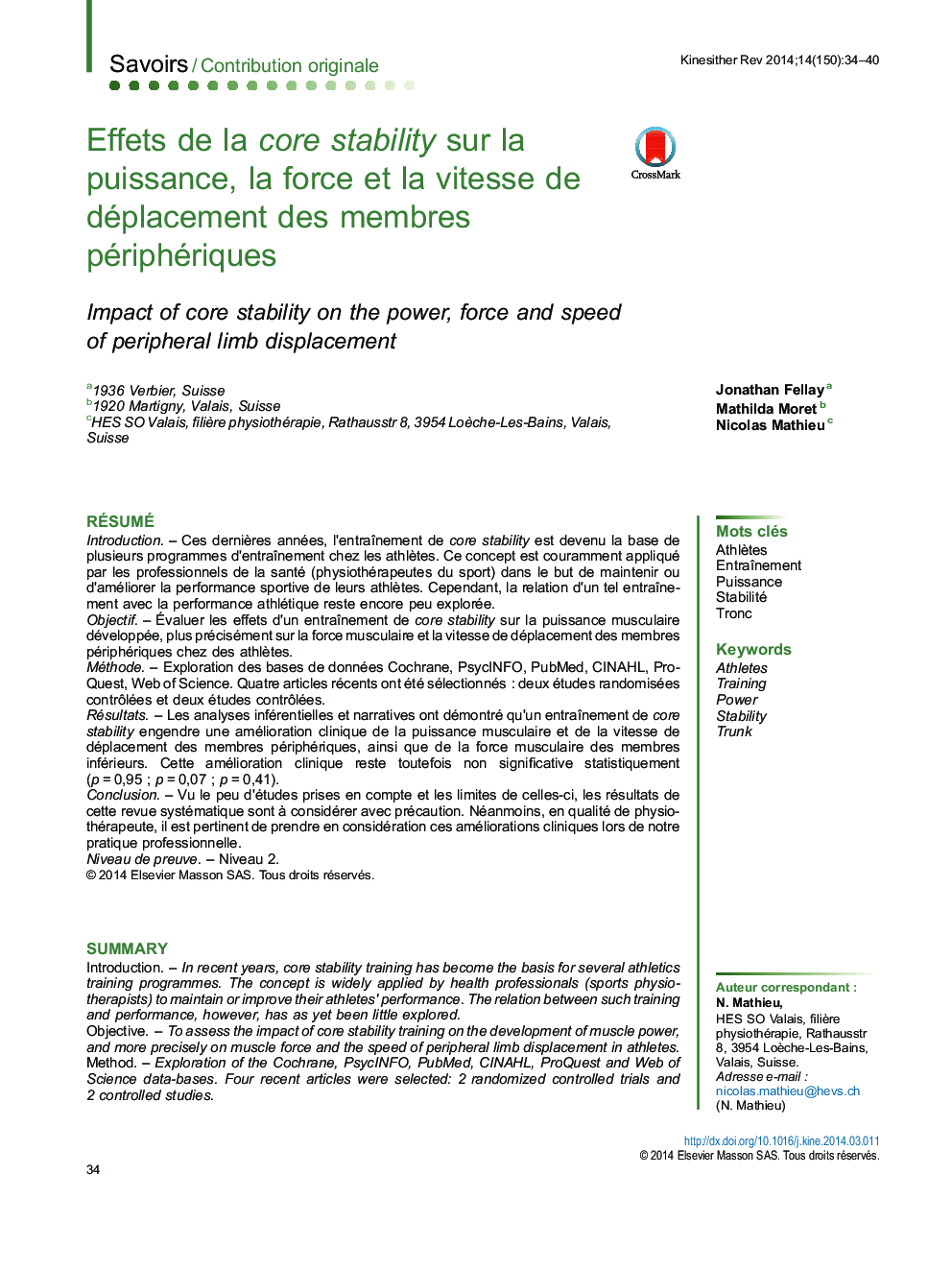 Effets de la core stability sur la puissance, la force et la vitesse de déplacement des membres périphériques