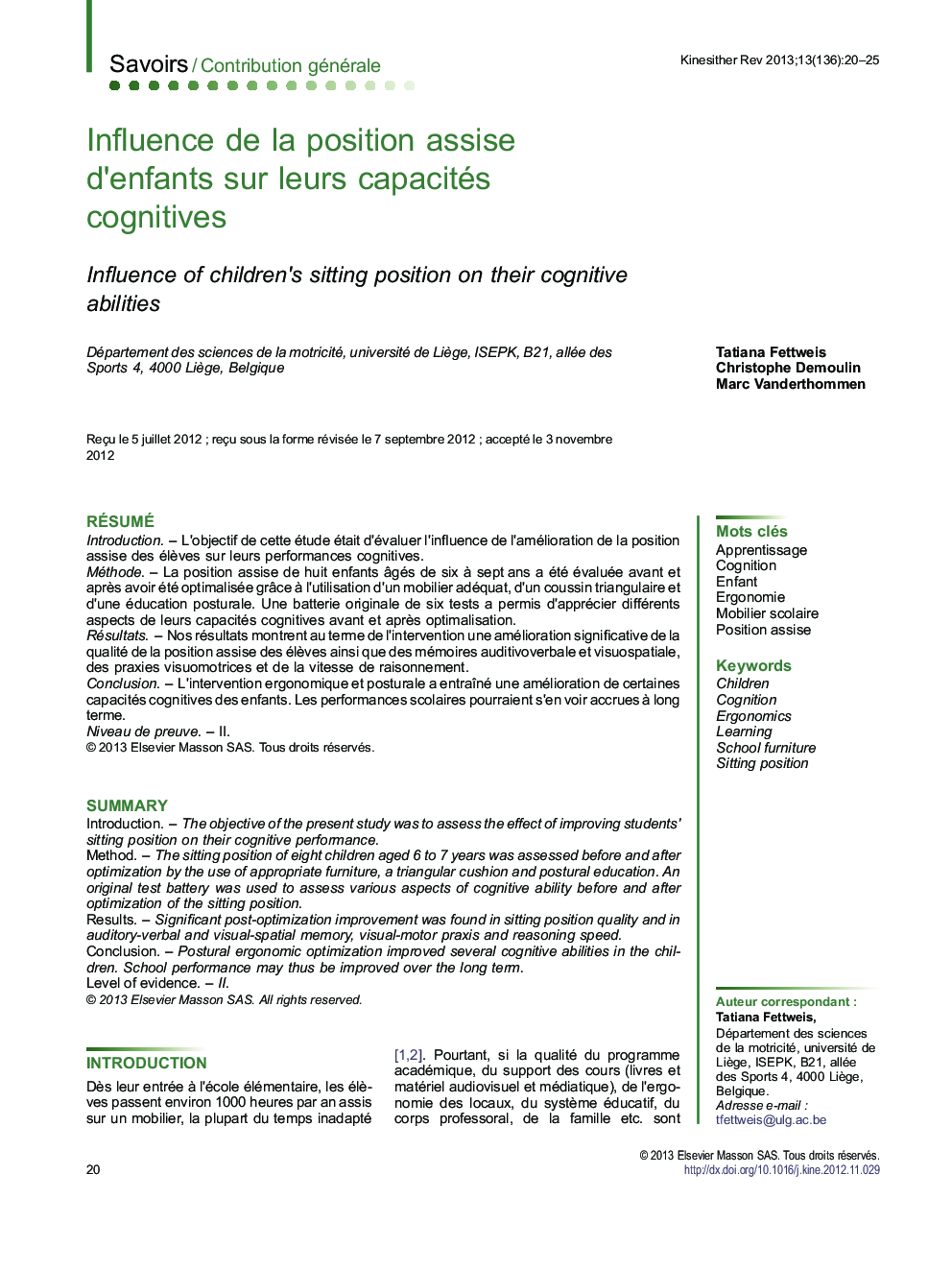 Influence de la position assise d’enfants sur leurs capacités cognitives