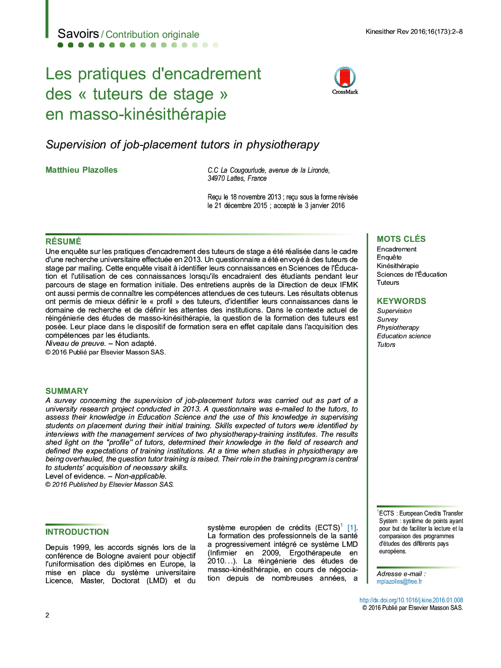 Les pratiques d’encadrement des « tuteurs de stage » en masso-kinésithérapie