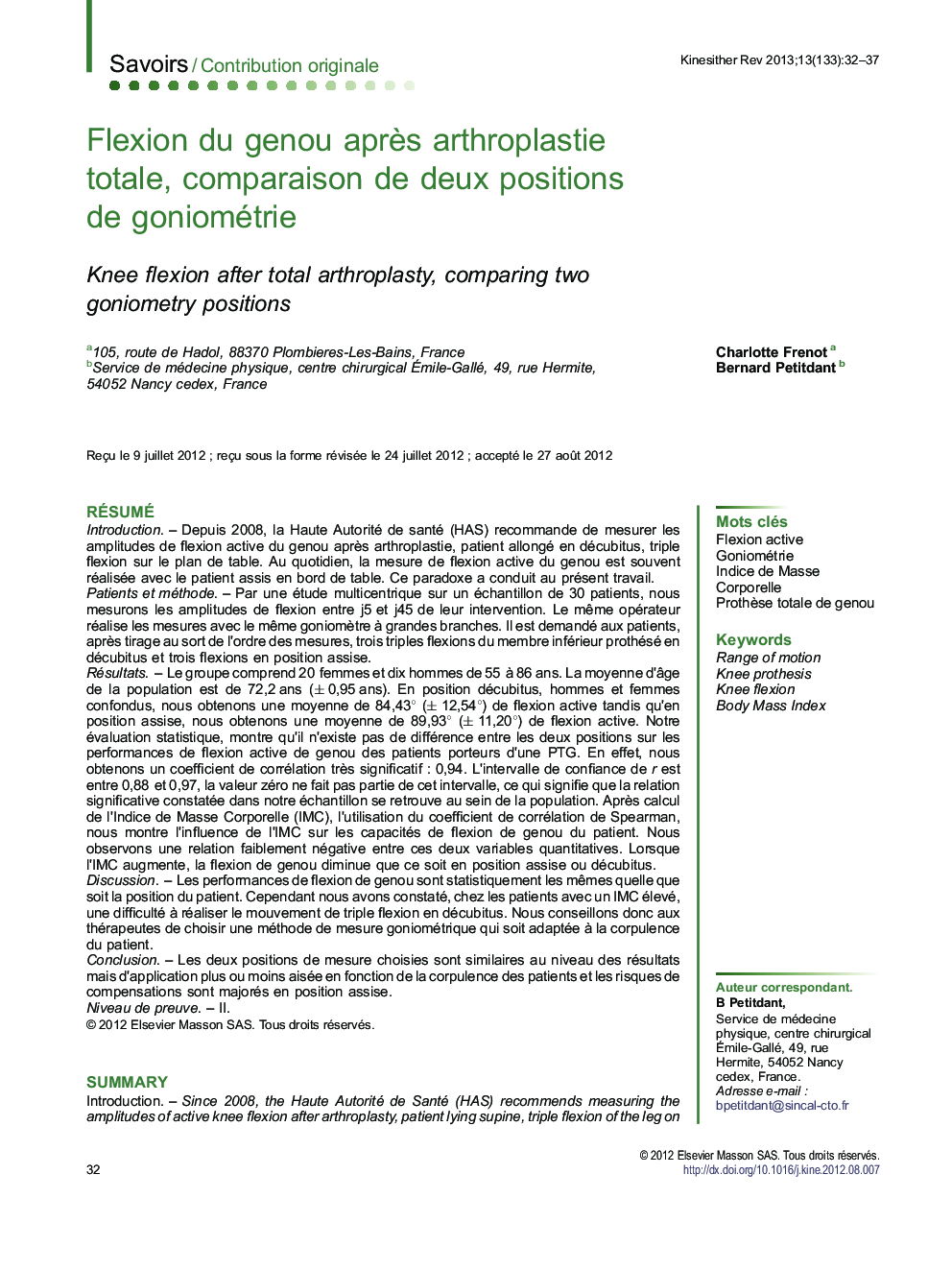 Flexion du genou après arthroplastie totale, comparaison de deux positions de goniométrie