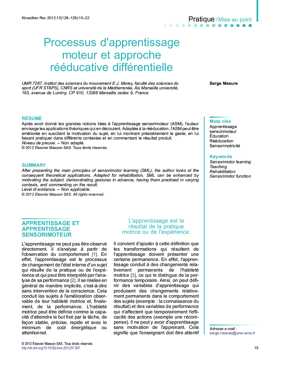 Processus d’apprentissage moteur et approche rééducative différentielle