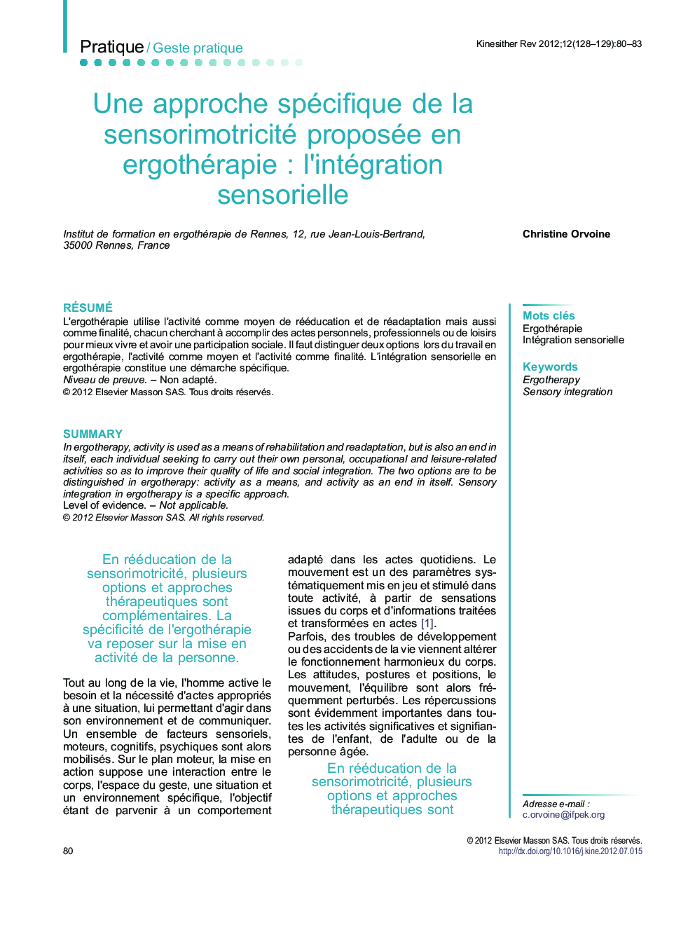 Une approche spécifique de la sensorimotricité proposée en ergothérapie : l’intégration sensorielle