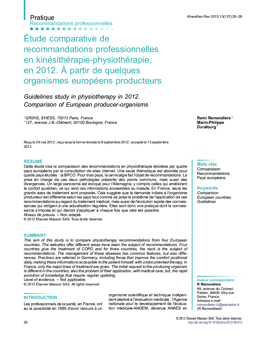 Étude comparative de recommandations professionnelles en kinésithérapie-physiothérapie, en 2012. À partir de quelques organismes européens producteurs