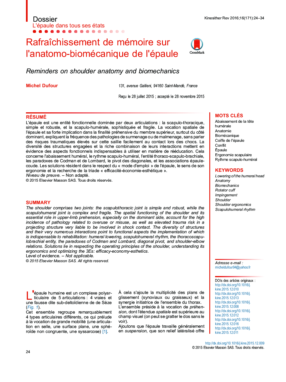 Rafraîchissement de mémoire sur l’anatomo-biomécanique de l’épaule