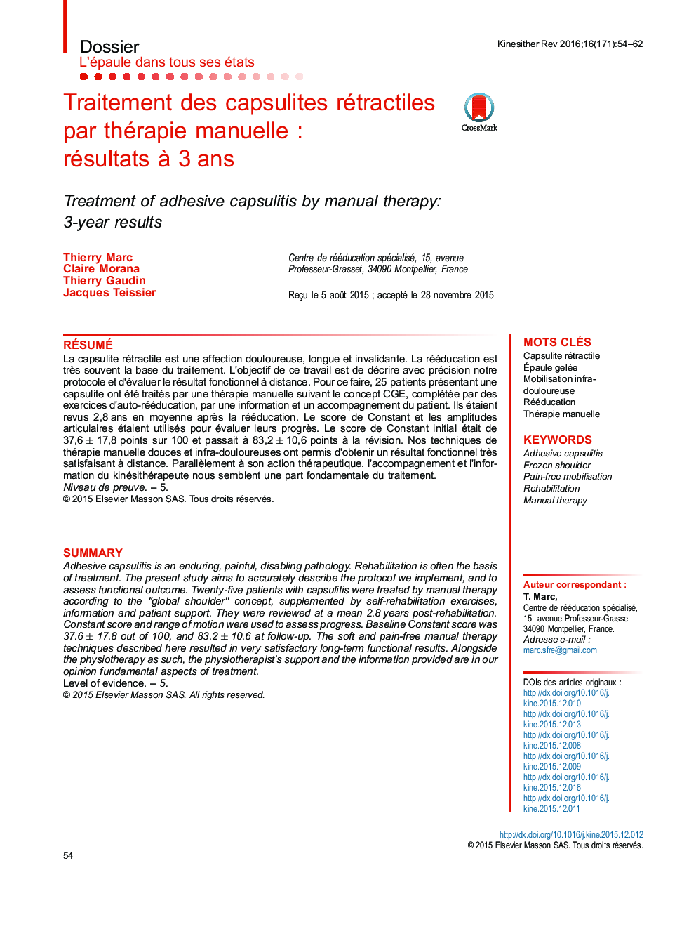 Traitement des capsulites rétractiles par thérapie manuelle : résultats à 3 ans