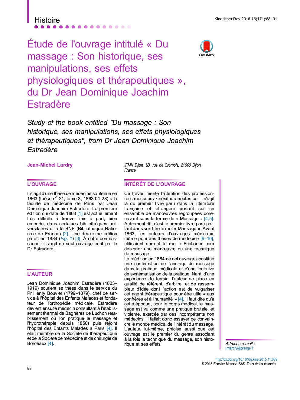 Ãtude de l'ouvrage intitulé Â«Â Du massageÂ : Son historique, ses manipulations, ses effets physiologiques et thérapeutiquesÂ Â», du Dr Jean Dominique Joachim EstradÃ¨re