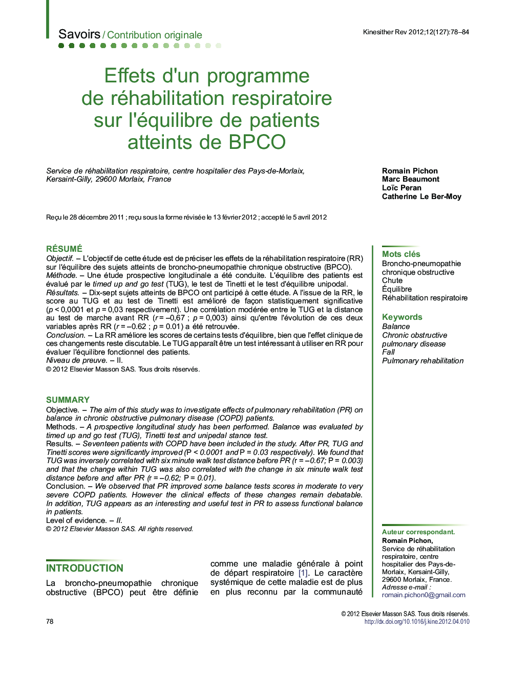 Effets d’un programme de réhabilitation respiratoire sur l’équilibre de patients atteints de BPCO