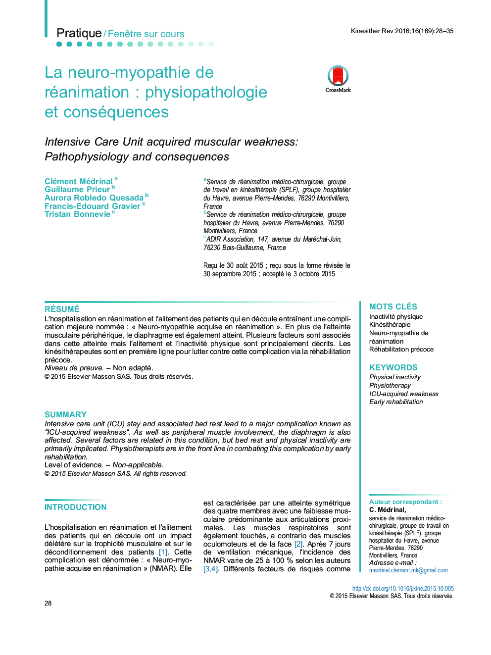 La neuro-myopathie de réanimationÂ : physiopathologie et conséquences