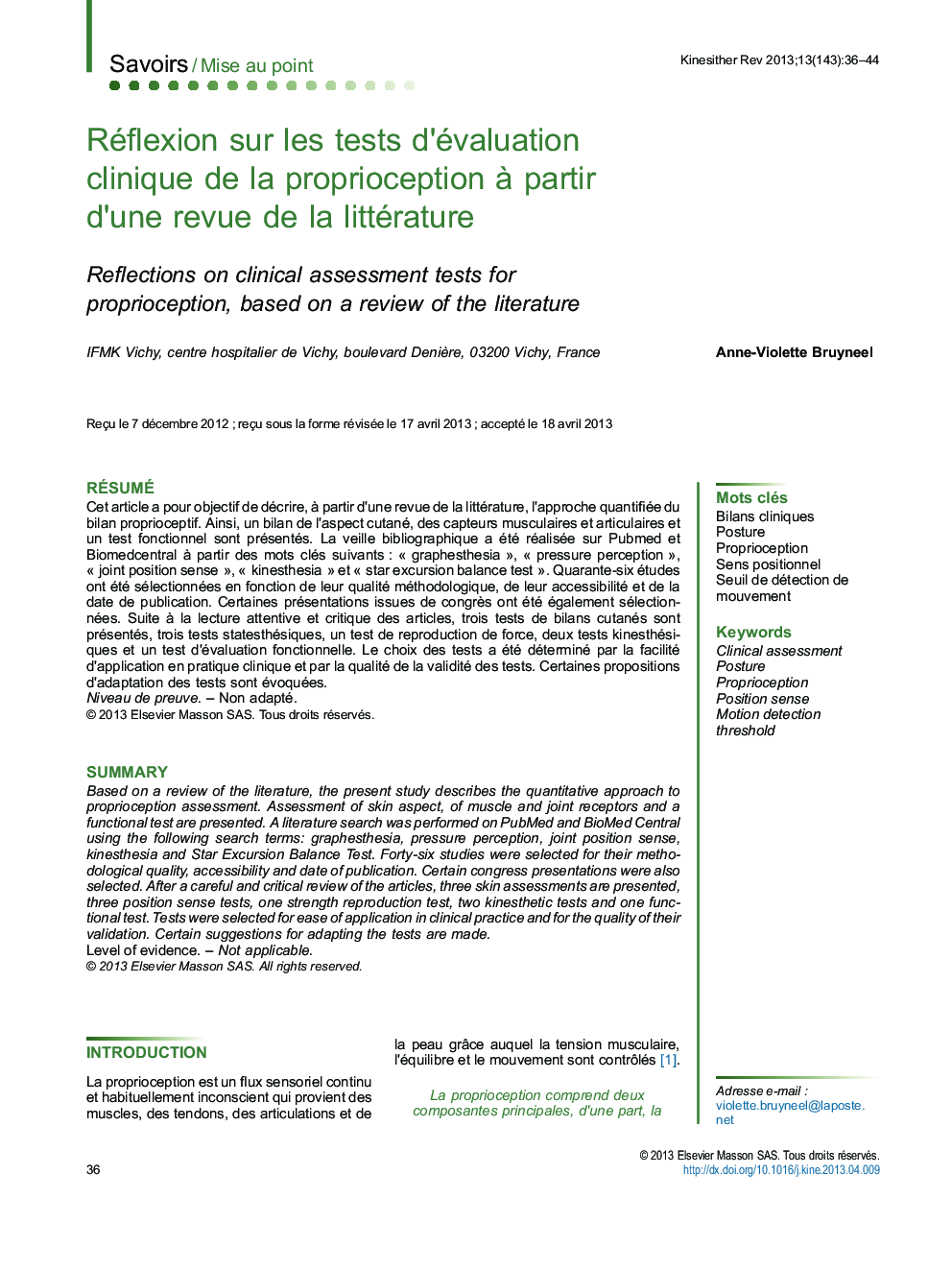 Réflexion sur les tests d’évaluation clinique de la proprioception à partir d’une revue de la littérature