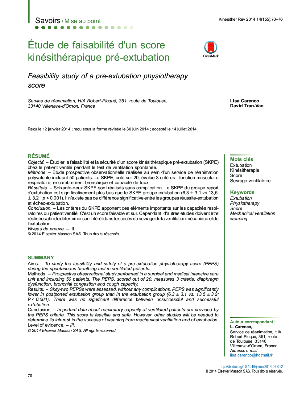 Étude de faisabilité d’un score kinésithérapique pré-extubation