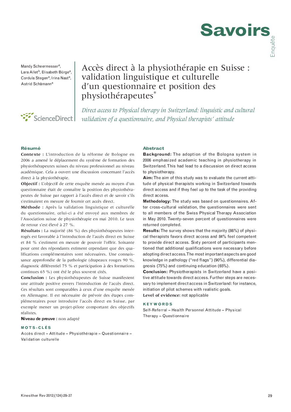 Accès direct à la physiothérapie en Suisse : validation linguistique et culturelle d'un questionnaire et position des physiothérapeutes*