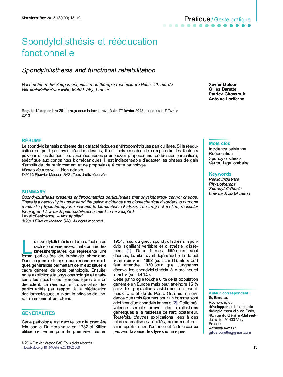 Spondylolisthésis et rééducation fonctionnelle