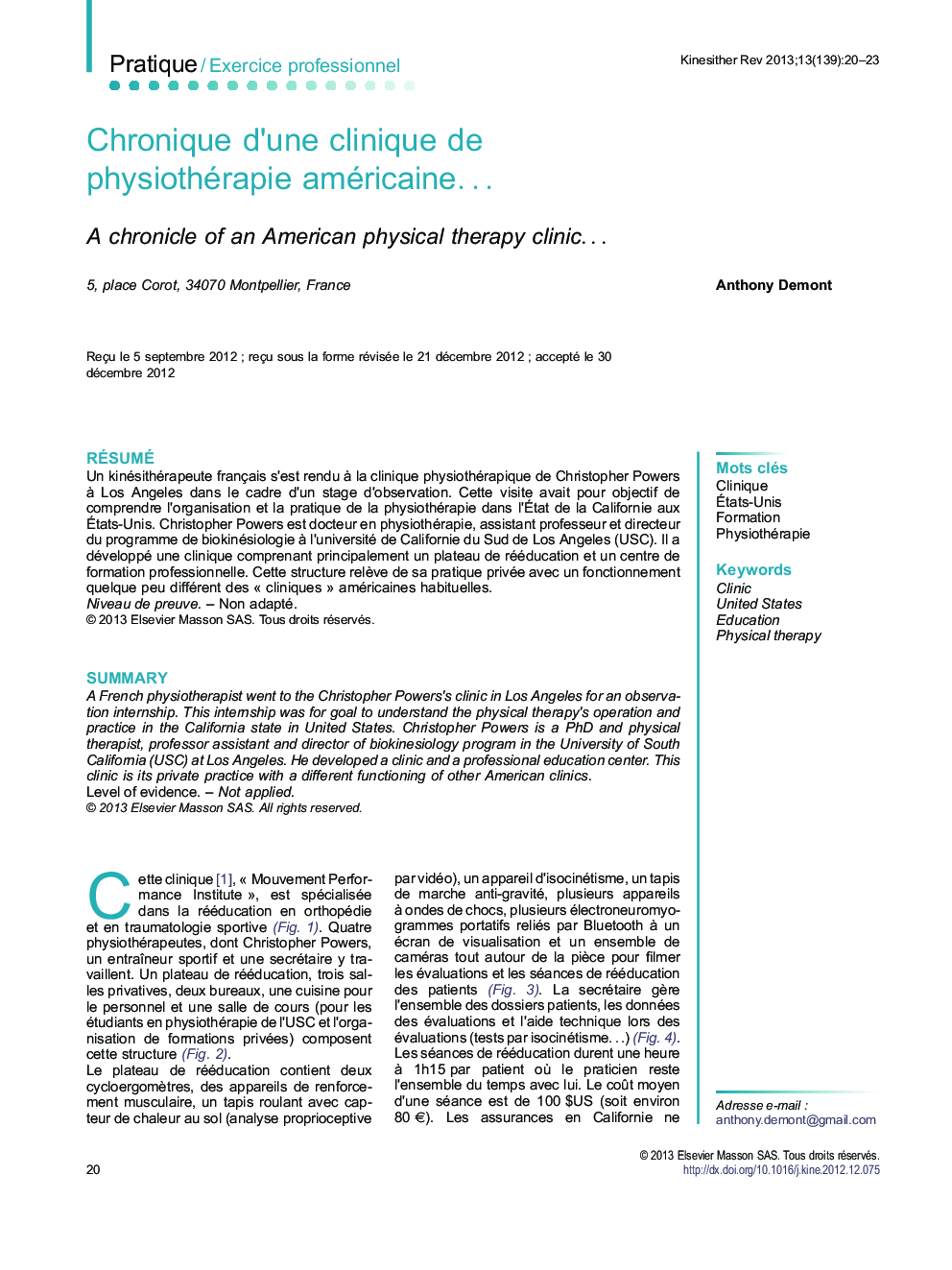 عکس صفحه اول مقاله: Chronique d'une clinique de physiothérapie américaine⦠Chronique d'une clinique de physiothérapie américaineâ¦