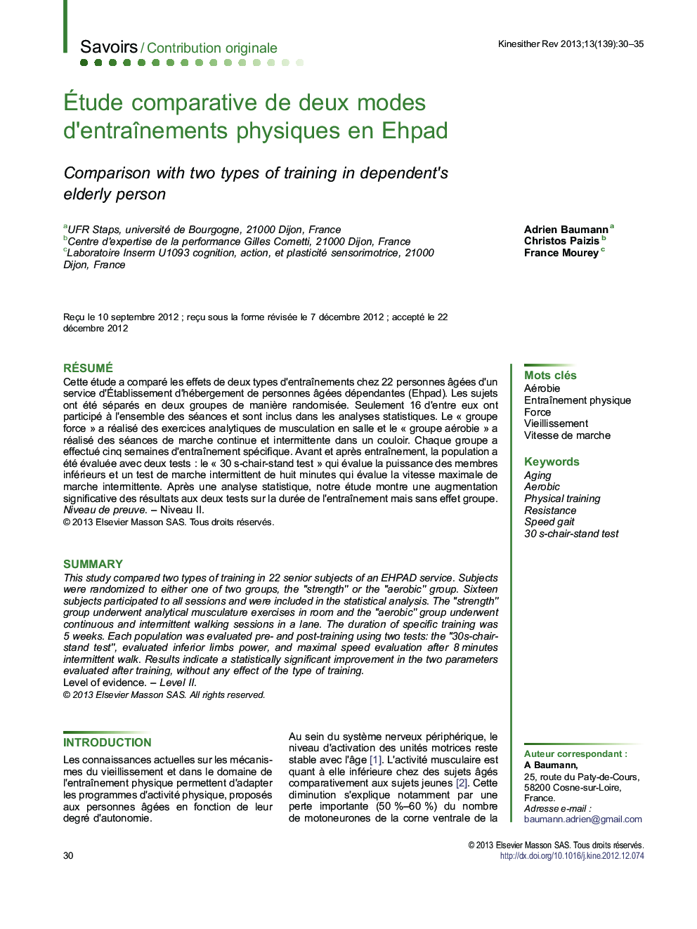 Étude comparative de deux modes d’entraînements physiques en Ehpad