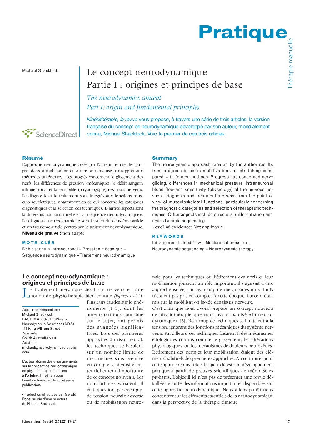  Le concept neurodynamique Partie I : origines et principes de base: The neurodynamics concept Part I: origin and fundamental principles