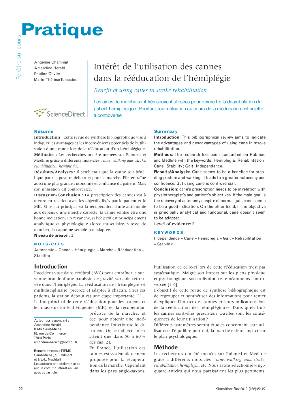  Intérêt de l’utilisation des cannes dans la rééducation de l’hémiplégie: Benefit of using canes in stroke rehabilitation