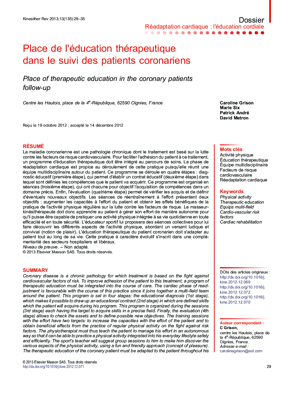 Place de l’éducation thérapeutique dans le suivi des patients coronariens