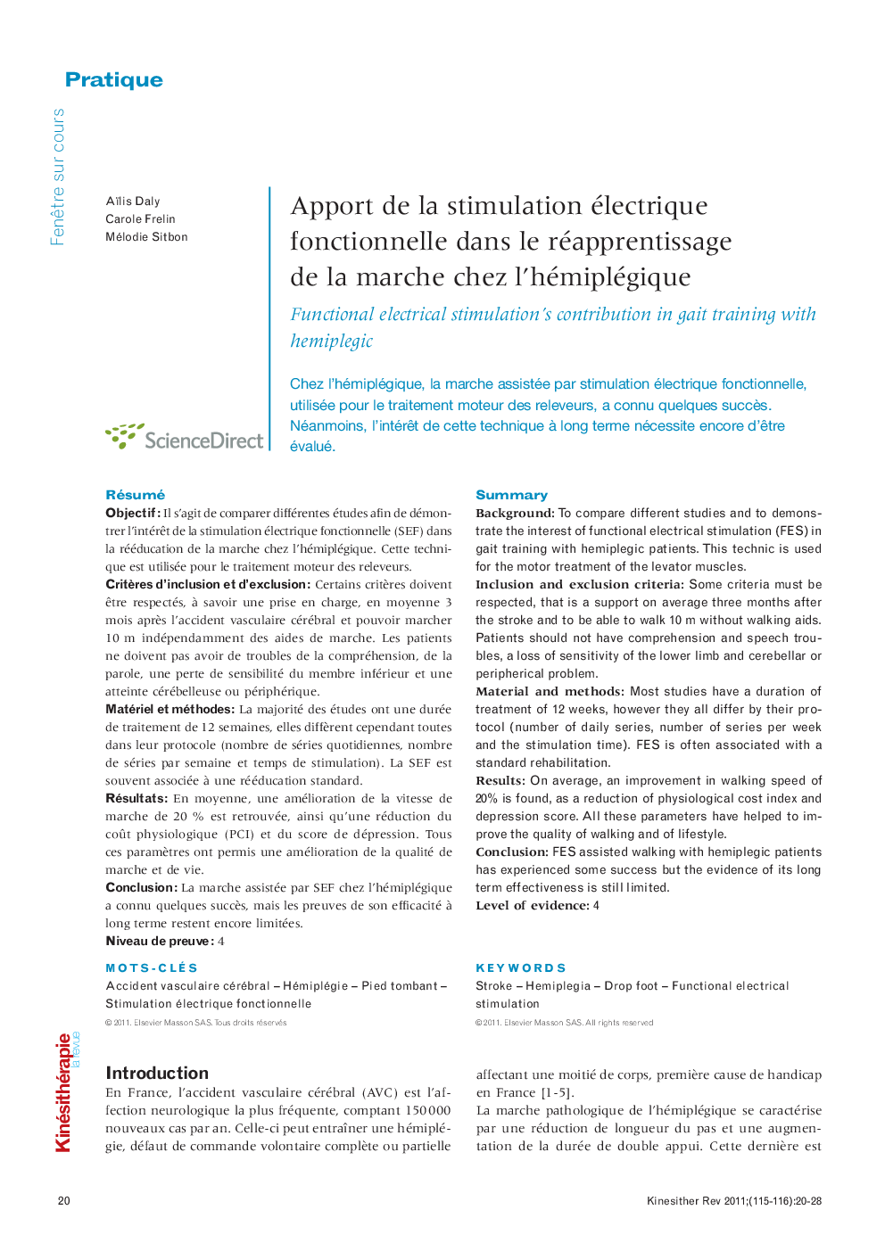  Apport de la stimulation électrique fonctionnelle dans le réapprentissage de la marche chez l’hémiplégique 