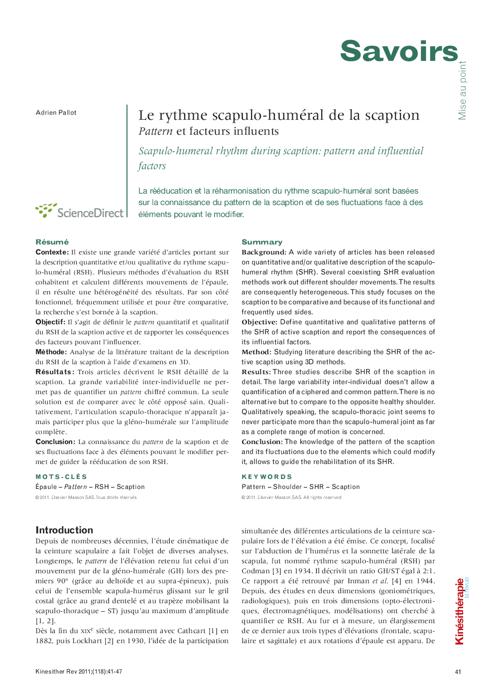  Le rythme scapulo-huméral de la scaption: Pattern et facteurs influents