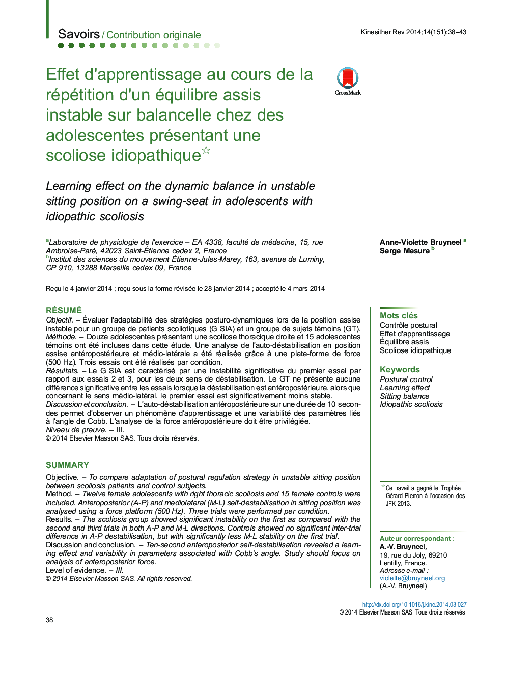 Effet d’apprentissage au cours de la répétition d’un équilibre assis instable sur balancelle chez des adolescentes présentant une scoliose idiopathique 