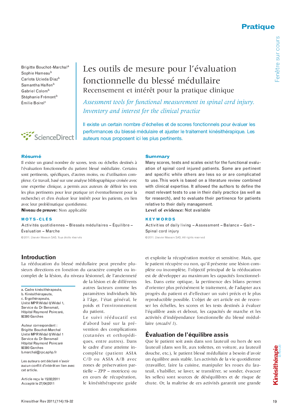 Les outils de mesure pour l’évaluation fonctionnelle du blessé médullaire : Recensement et intérêt pour la pratique clinique