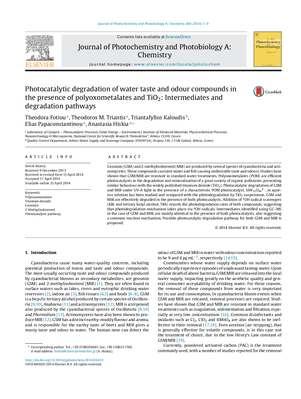 Photocatalytic degradation of water taste and odour compounds in the presence of polyoxometalates and TiO2: Intermediates and degradation pathways