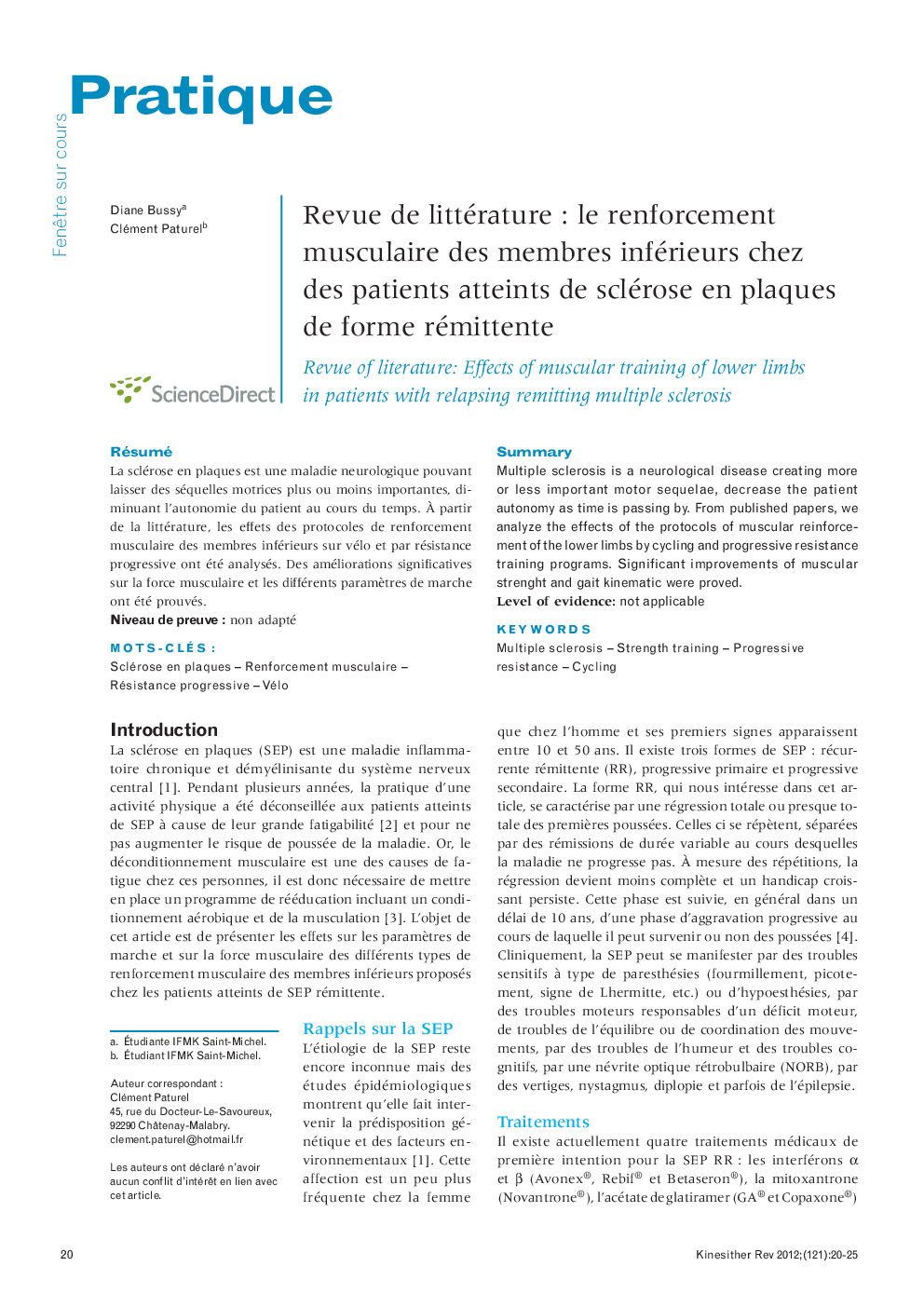 Revue de littératureÂ : le renforcement musculaire des membres inférieurs chez des patients atteints de sclérose en plaques de forme rémittente