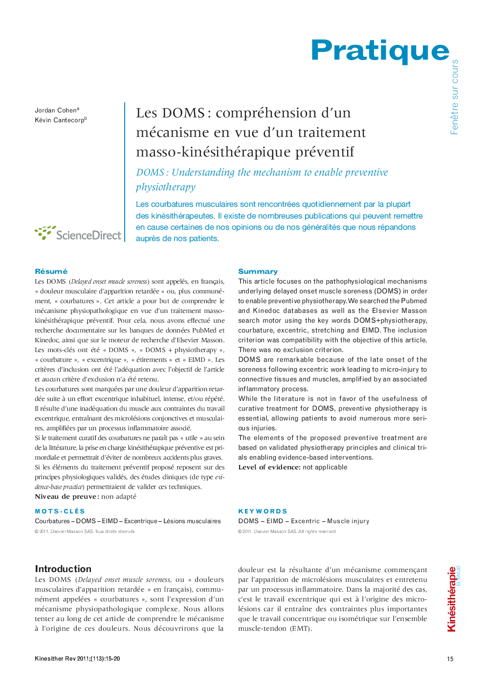  Les DOMS : compréhension d’un mécanisme en vue d’un traitement masso-kinésithérapique préventif: DOMS : Understanding the mechanism to enable preventive physiotherapy