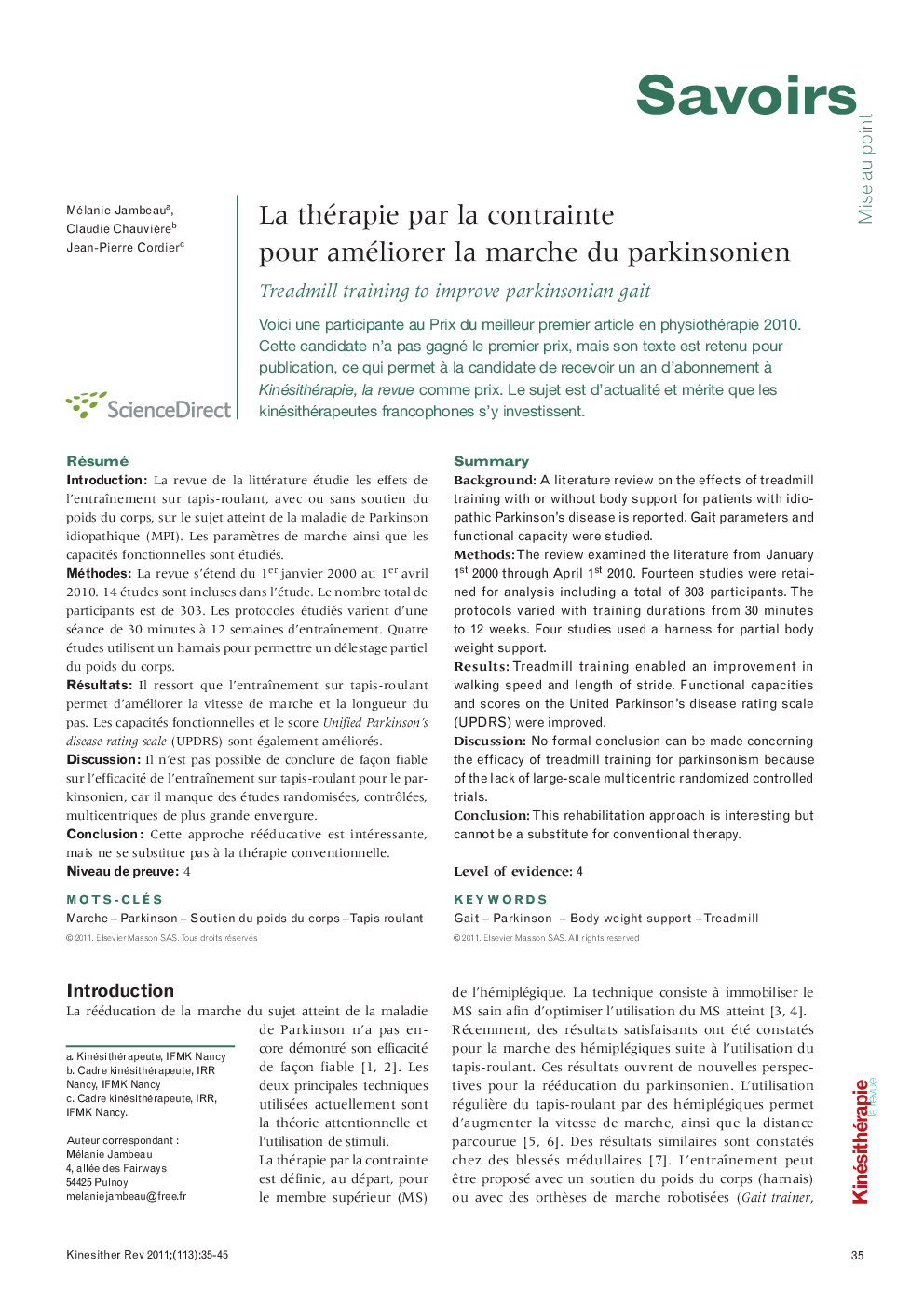  La thérapie par la contrainte pour améliorer la marche du parkinsonien: Treadmill training to improve parkinsonian gait