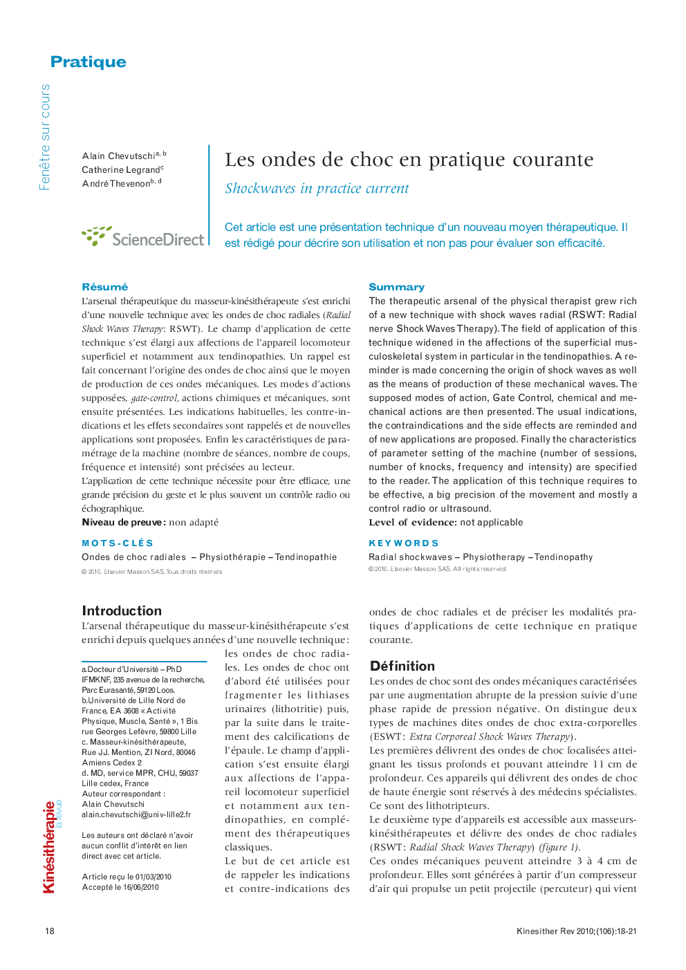  Les ondes de choc en pratique courante: Shockwaves in practice current