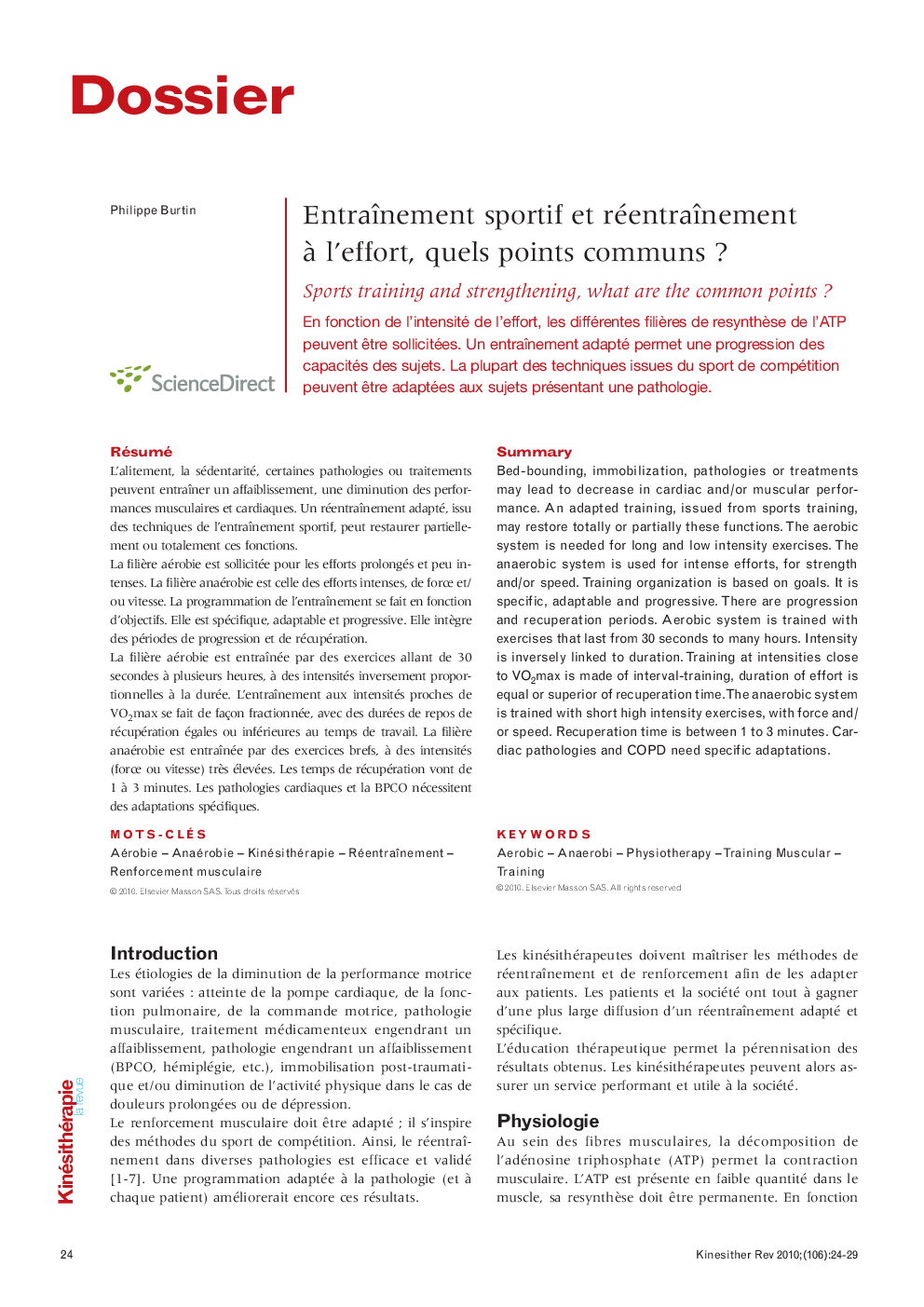  Entraînement sportif et réentraînement à l’effort, quels points communs ?: Sports training and strengthening, what are the common points ?