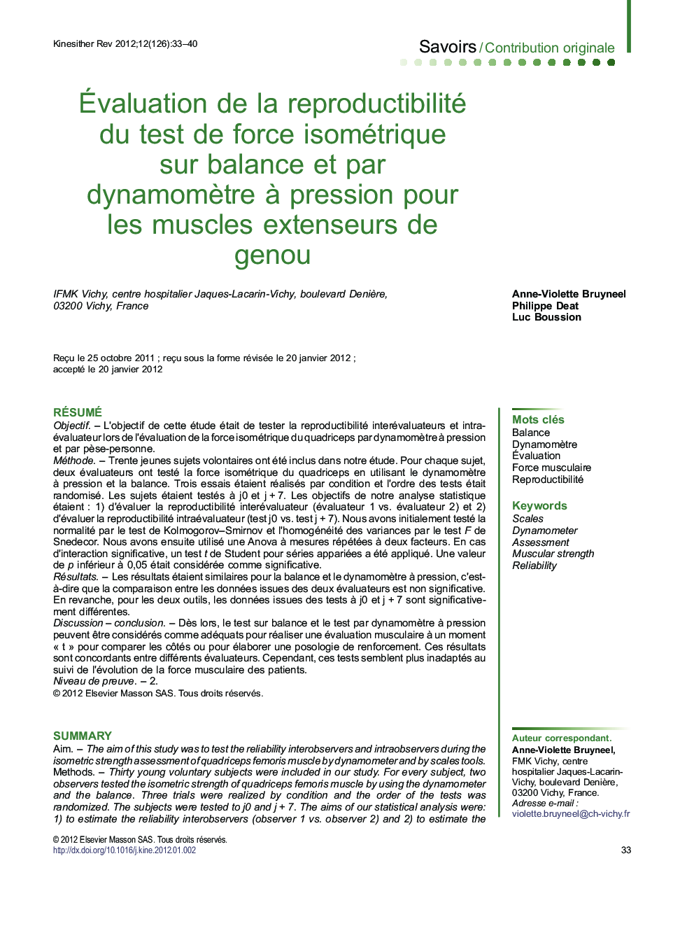 Évaluation de la reproductibilité du test de force isométrique sur balance et par dynamomètre à pression pour les muscles extenseurs de genou