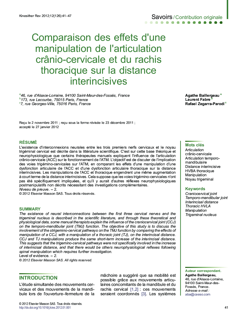 Comparaison des effets d’une manipulation de l’articulation crânio-cervicale et du rachis thoracique sur la distance interincisives