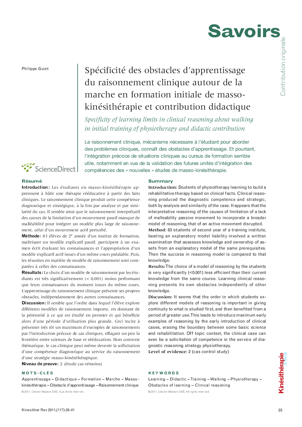  Spécificité des obstacles d’apprentissage du raisonnement clinique autour de la marche en formation initiale de masso-kinésithérapie et contribution didactique : Specificity of learning limits in clinical reasoning about walking in initial training of ph