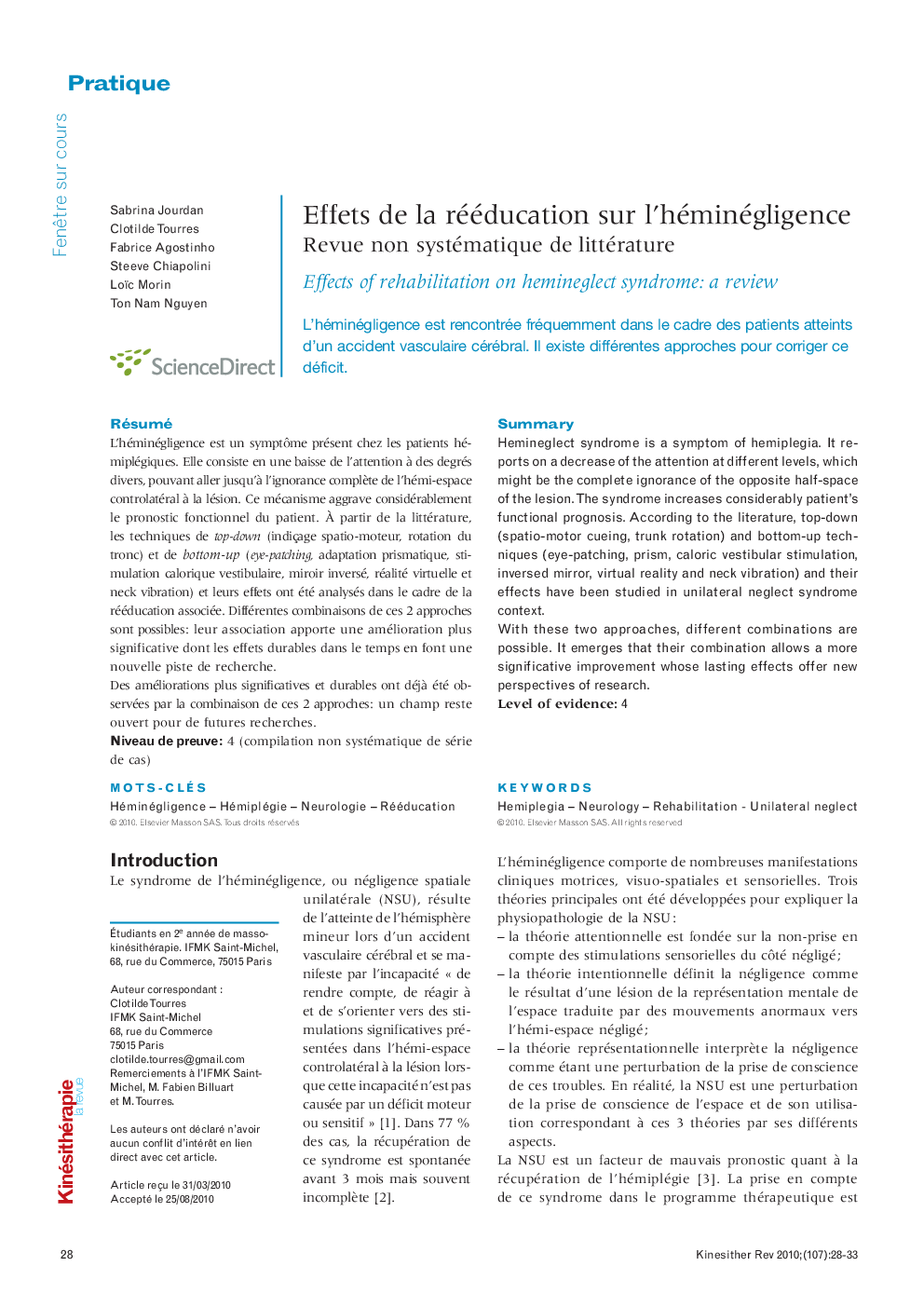  Effets de la rééducation sur l’héminégligence : Revue non systématique de littérature