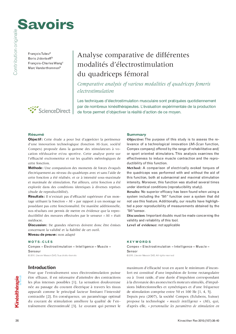 Analyse comparative de différentes modalités d’électrostimulation du quadriceps fémoral: Comparative analysis of various modalities of quadriceps femoris electrostimulation