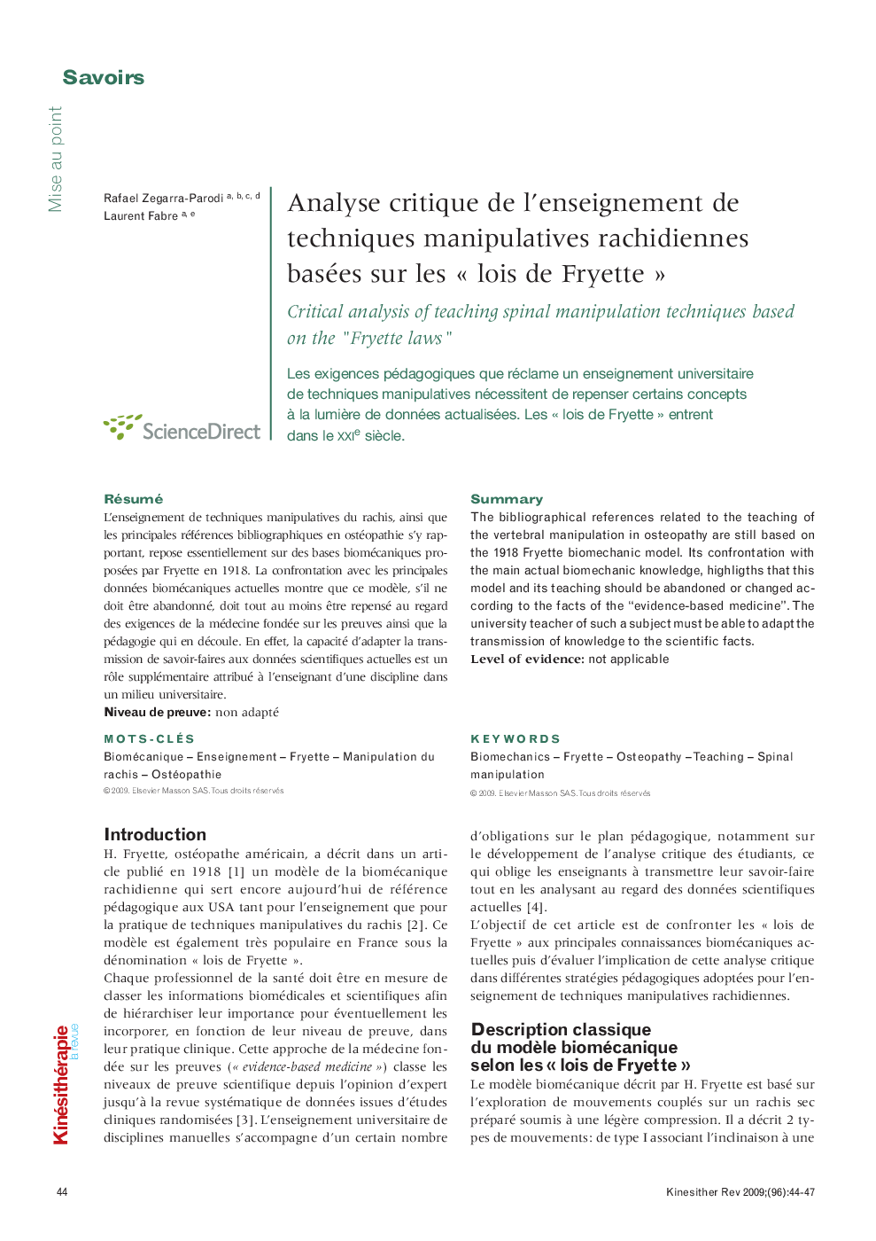  Analyse critique de l’enseignement de techniques manipulatives rachidiennes basées sur les « lois de Fryette »