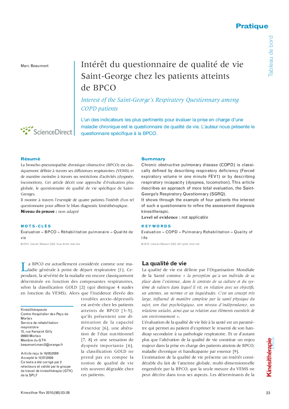  Intérêt du questionnaire de qualité de vie Saint-George chez les patients atteints de BPCO : Interest of the Saint-George’s Respiratory Questionnary among COPD patients