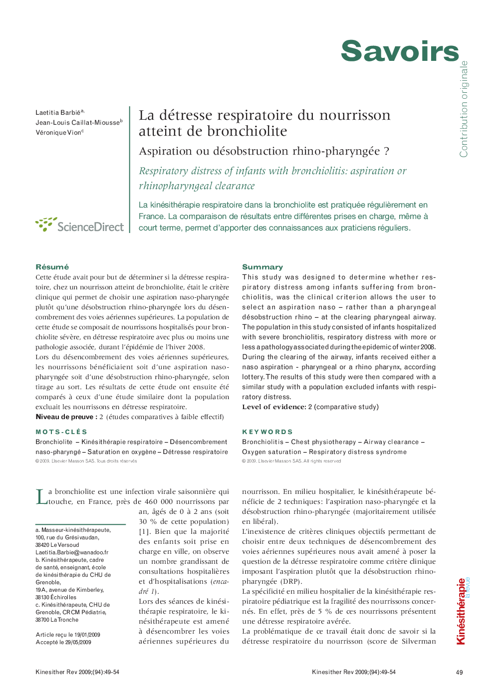 La détresse respiratoire du nourrisson atteint de bronchiolite: Aspiration ou désobstruction rhino-pharyngée ?