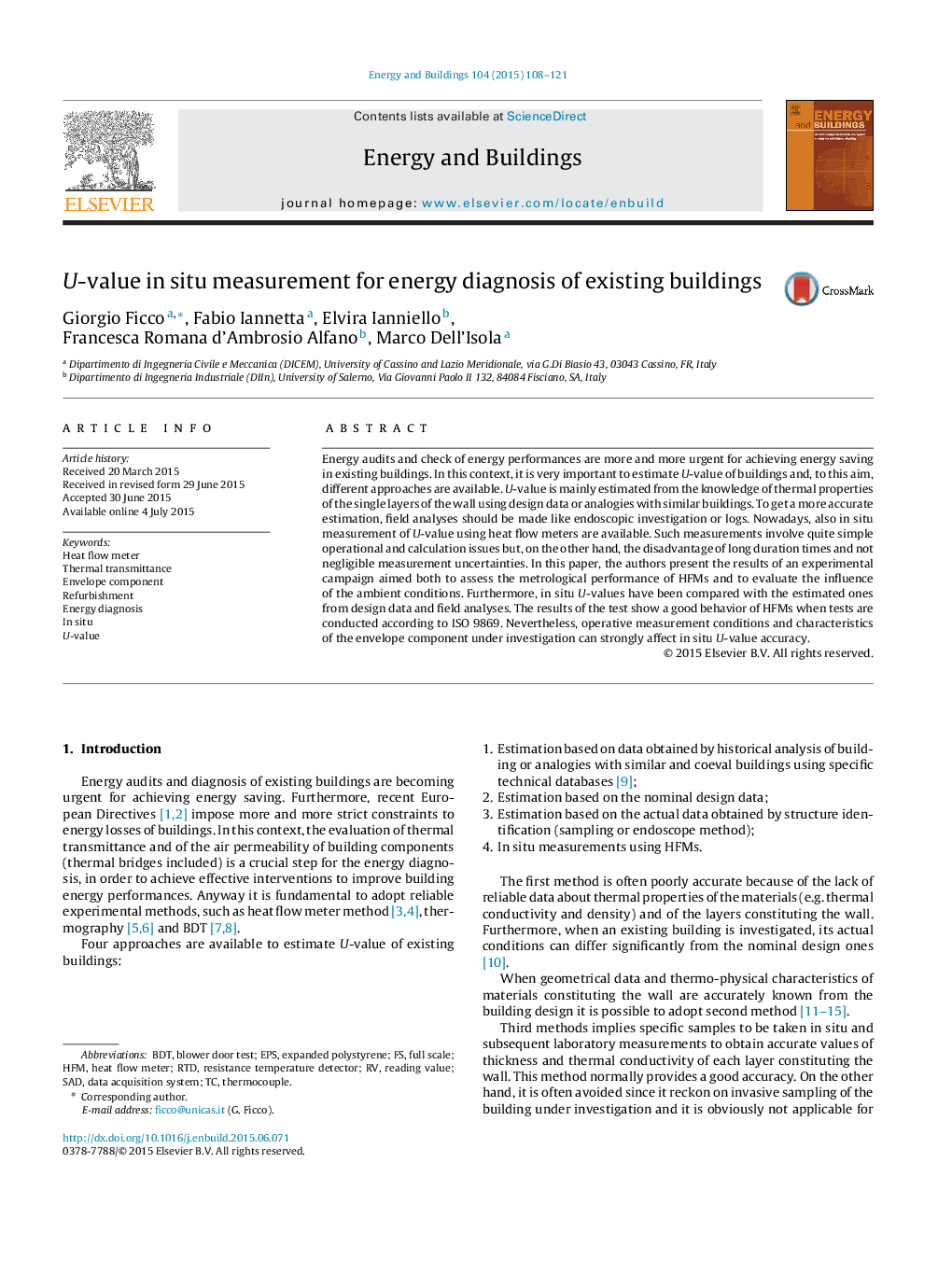 U-value in situ measurement for energy diagnosis of existing buildings