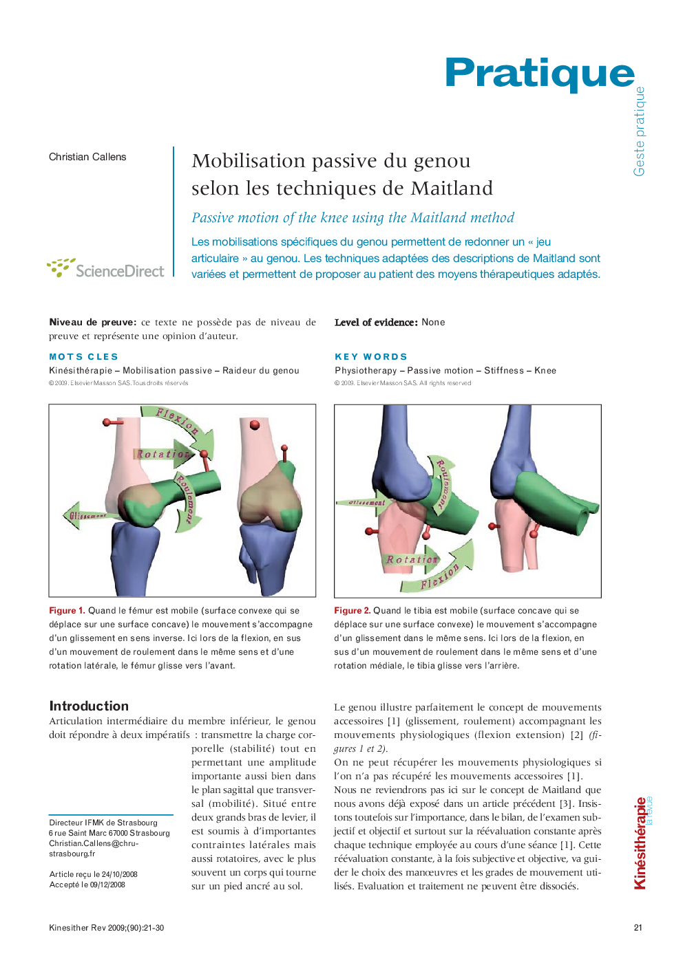  Mobilisation passive du genou selon les techniques de Maitland: Passive motion of the knee using the Maitland method
