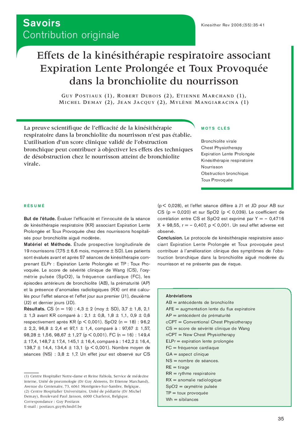 Effets de la kinésithérapie respiratoire associant Expiration Lente Prolongée et Toux Provoquée dans la bronchiolite du nourrisson