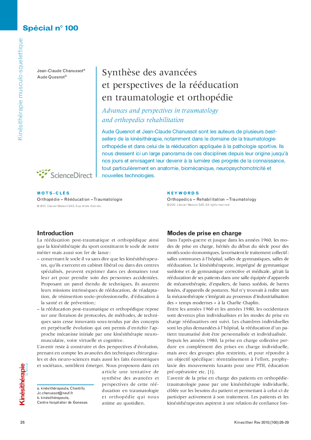  SynthÃ¨se des avancées et perspectives de la rééducation en traumatologie et orthopédie