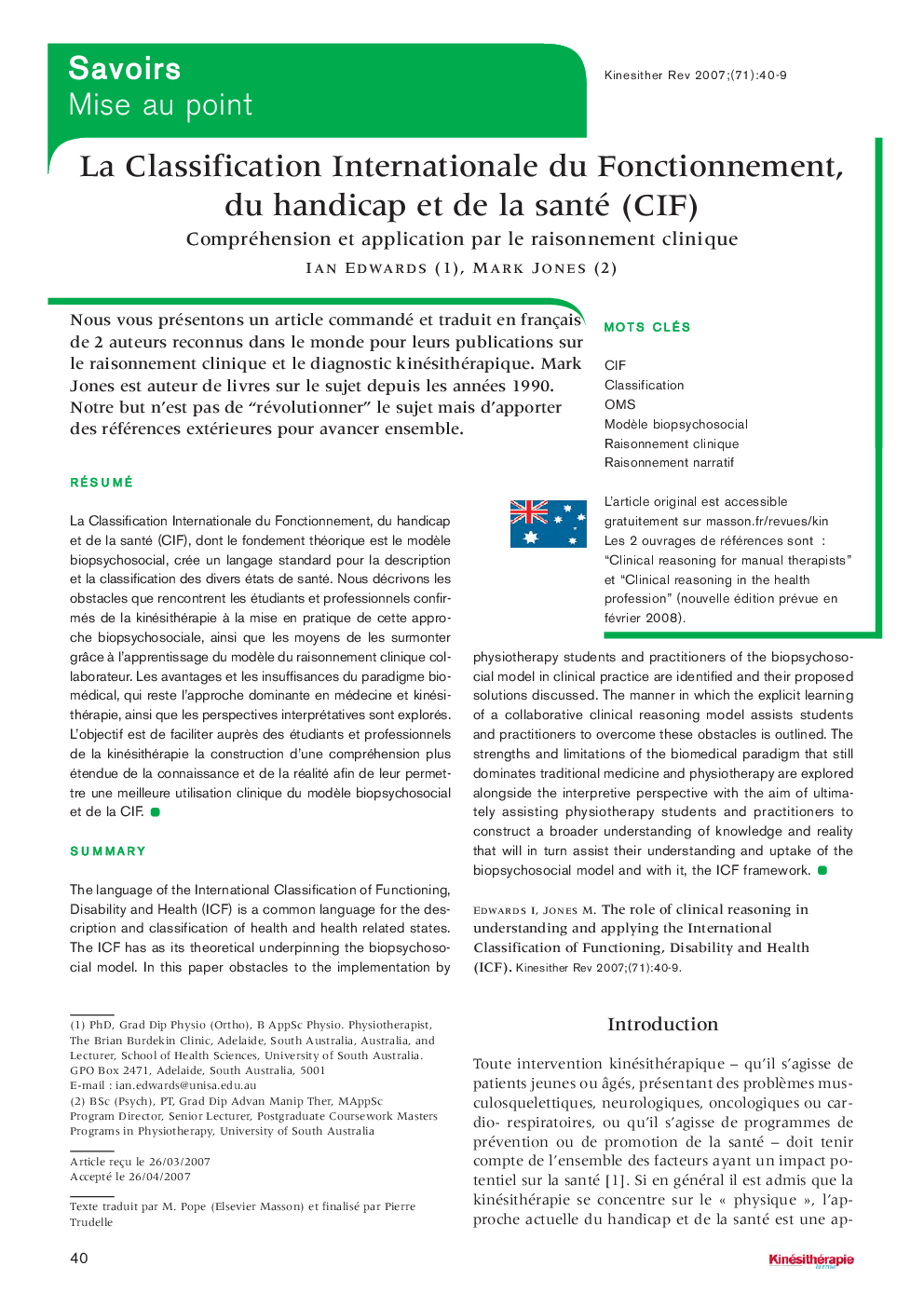 La Classification Internationale du Fonctionnement, du handicap et de la santé (CIF) 