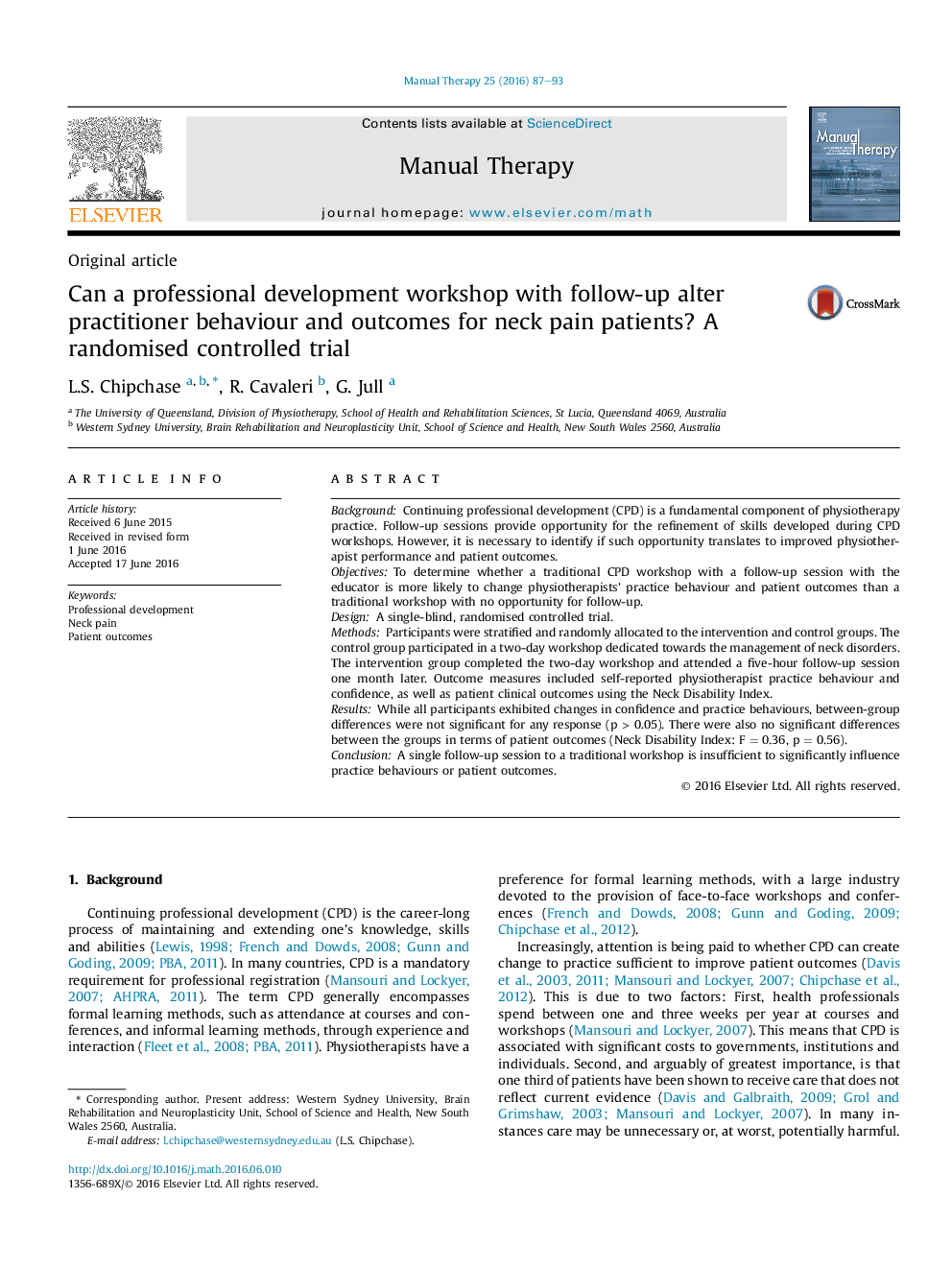 Can a professional development workshop with follow-up alter practitioner behaviour and outcomes for neck pain patients? A randomised controlled trial