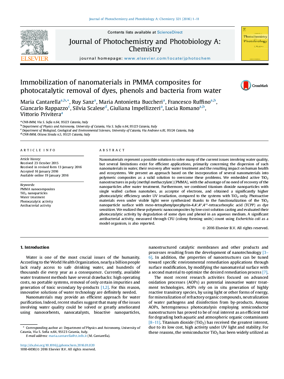 Immobilization of nanomaterials in PMMA composites for photocatalytic removal of dyes, phenols and bacteria from water