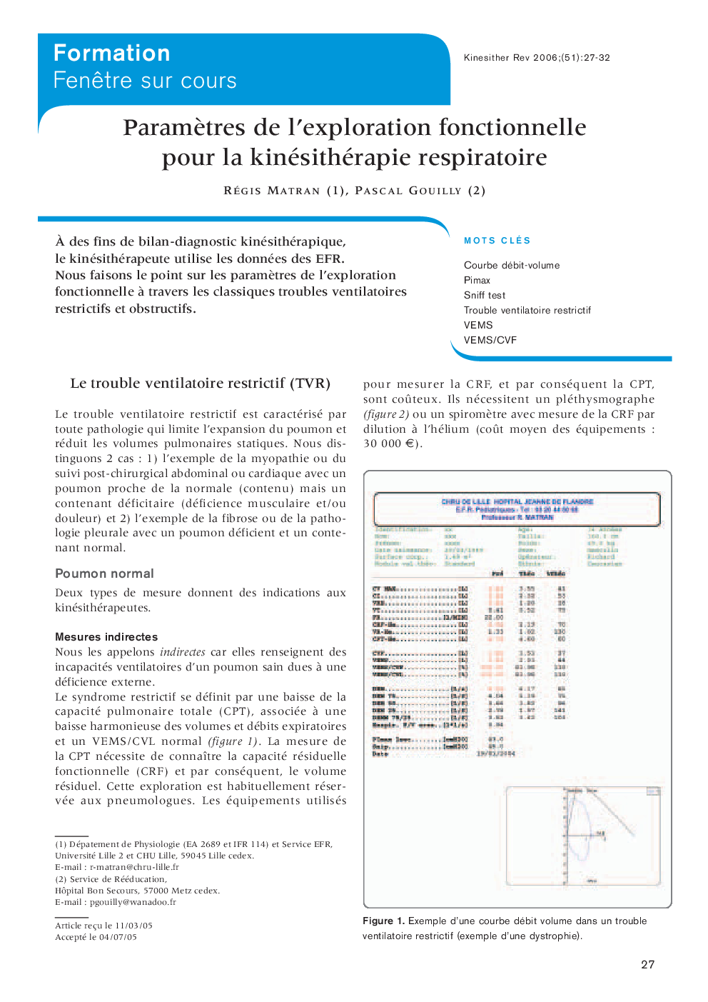 ParamÃ¨tres de l'exploration fonctionnelle pour la kinésithérapie respiratoire