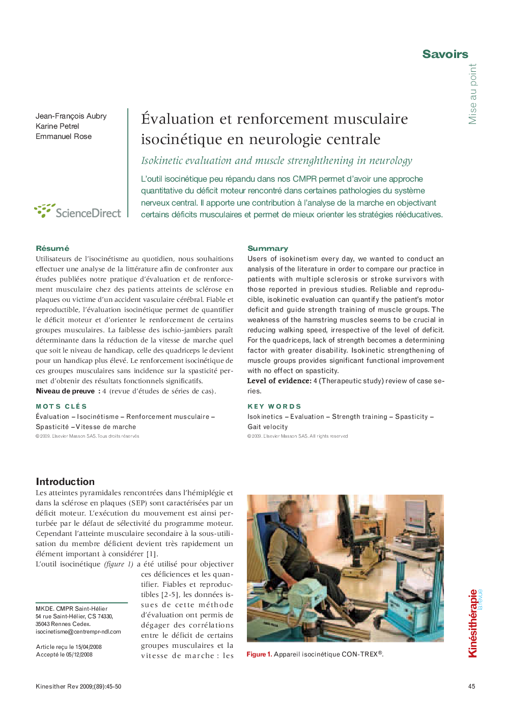  Évaluation et renforcement musculaire isocinétique en neurologie centrale